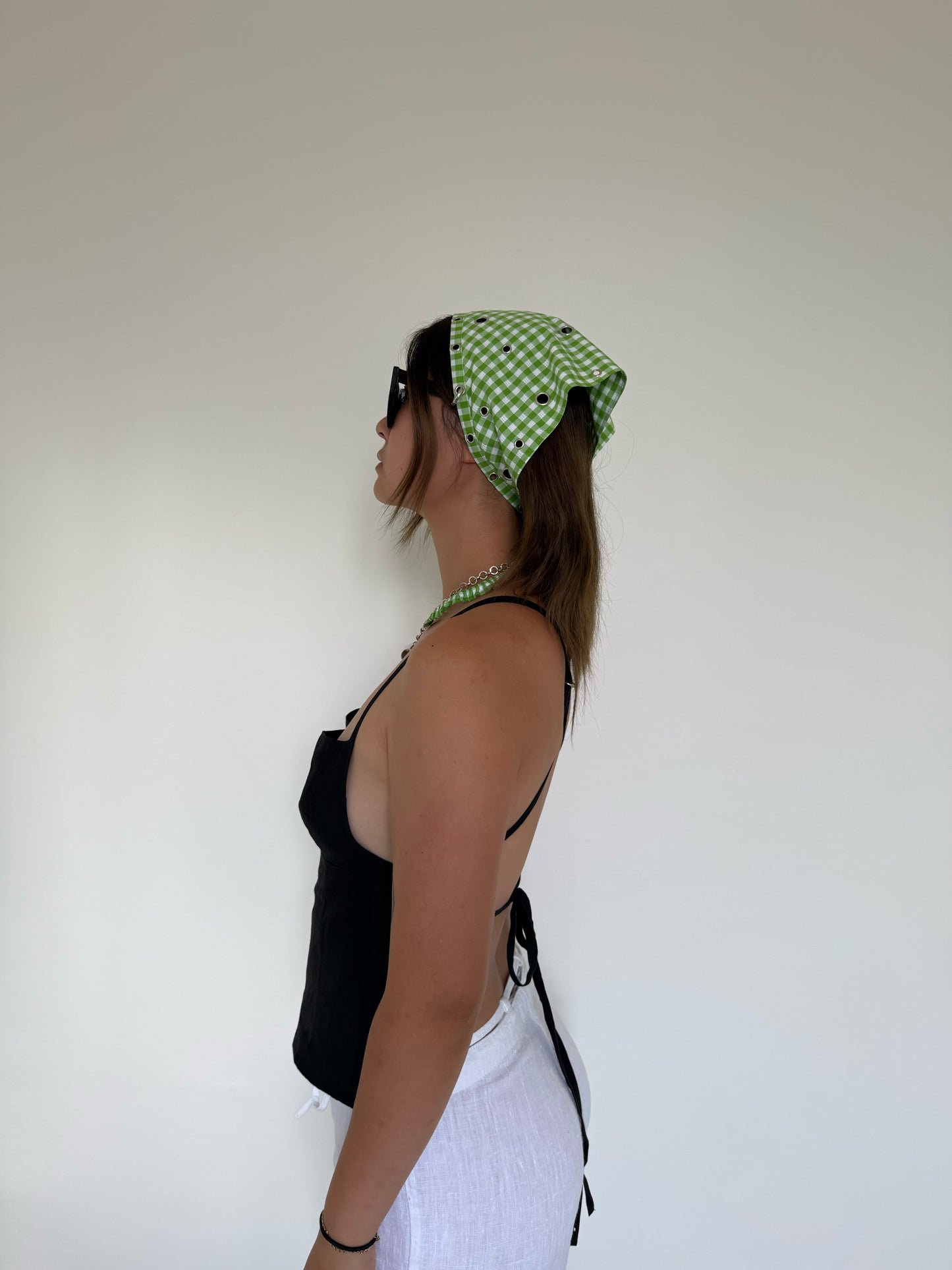Lotus piercing headscarf Green Gingham