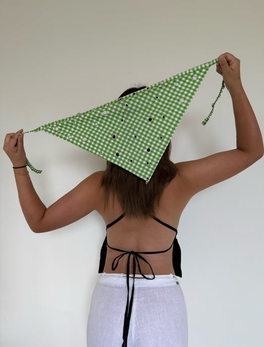 Lotus piercing headscarf Green Gingham